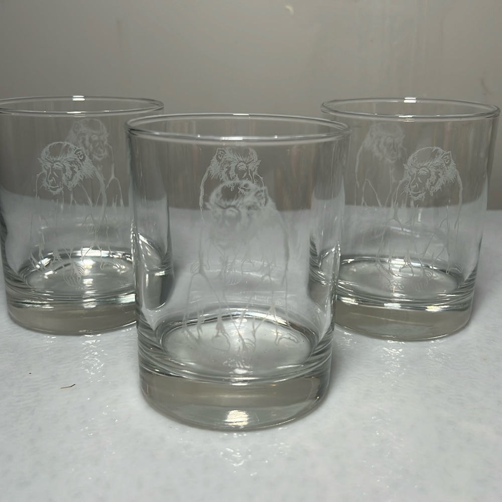 Vintage Clear Glass Old Fashion Weighted Glasses Set 3 Etched Monkeys on Front